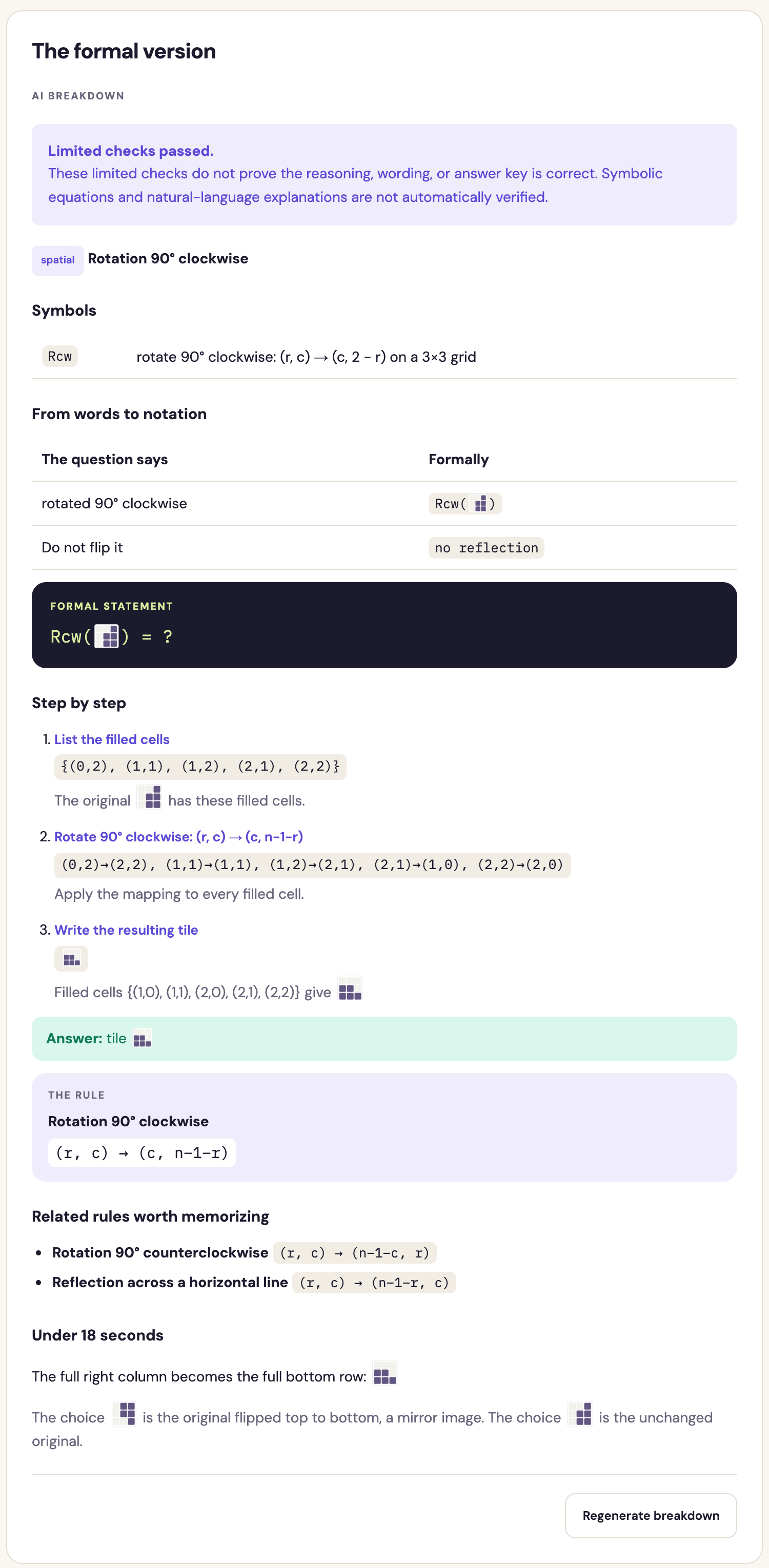 The AI breakdown of a question, with the rule, the notation, and the fast version