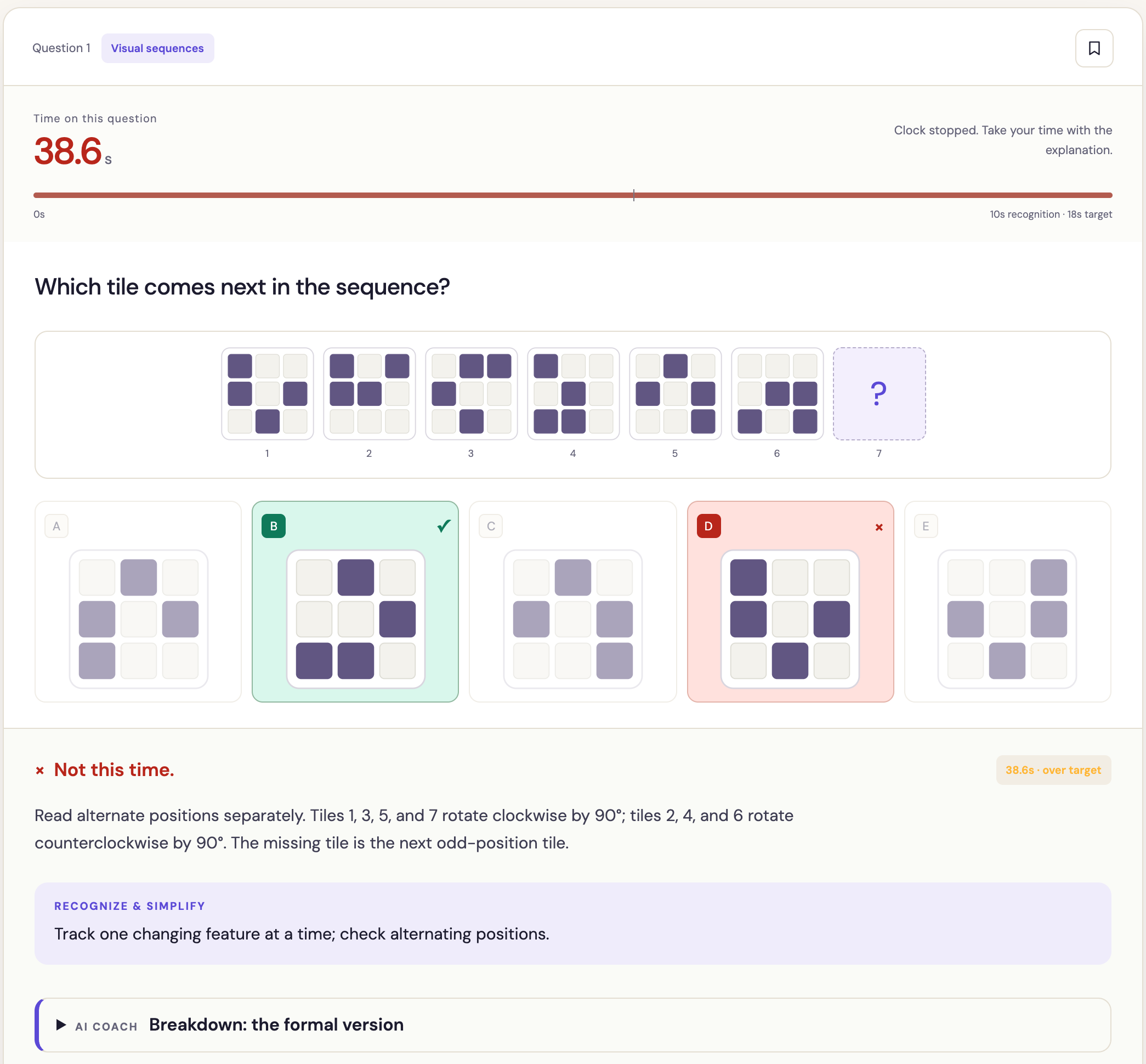 Instant feedback on a drill question, with the explanation and the shortcut